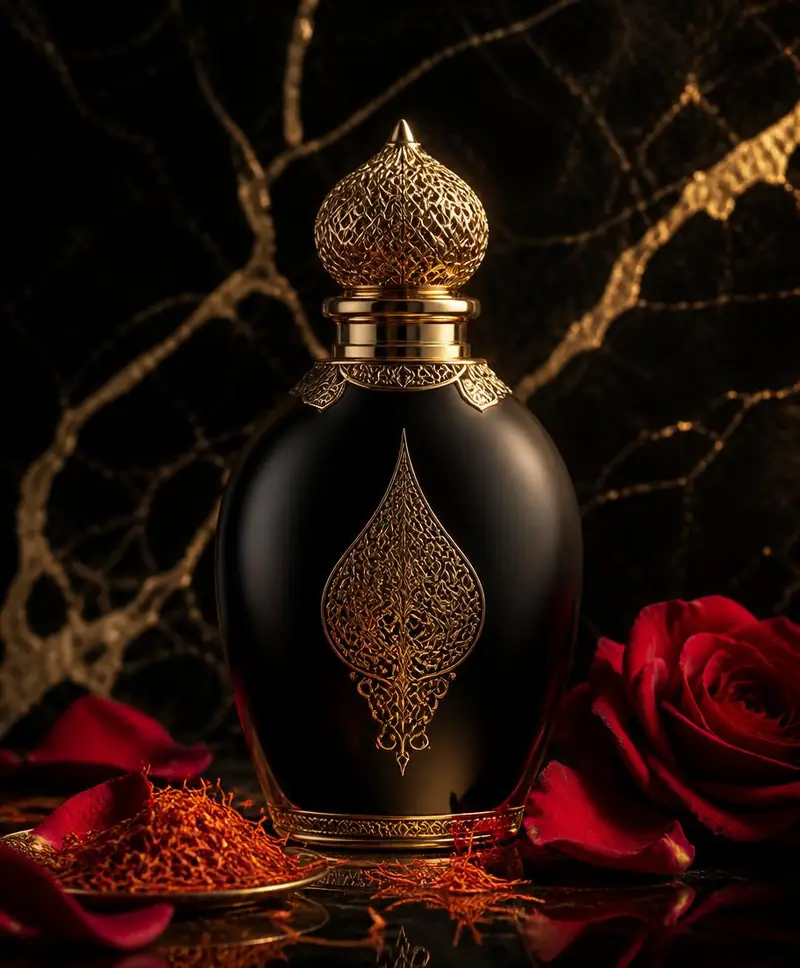 Virasat eau de parfum bottle with saffron and rose